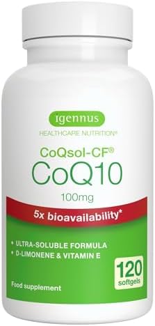 CoQ10 alto assorbimento, biodisponibilità 5x con la formula ultra-solubile CoQsol-CF, Ubichinone potenziato con vitamina E e D-Limonene, integratore di coenzima Q10, 1 al giorno, 120 dosi, da Igennus