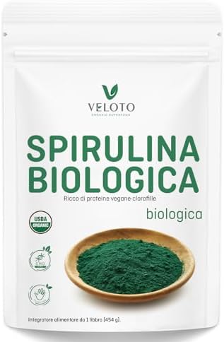 VELOTO Spirulina in polvere biologica, Spirulina Superfood in polvere Antiossidanti naturali Integratore di vitamine, Proteine vegane pure per supporto immunitario, Non OGM. Senza glutine, 1 libbra