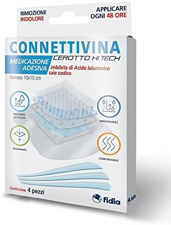 Connettivina cerotto Hi Tech Fidia farmaceutici | Formato 10x10 cm | Per escoriazioni, piccoli tagli e scottature | Imbevuto con Acido ialuronico sale sodico