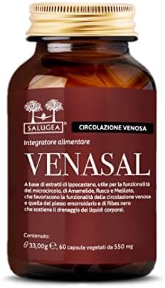 Venasal Salugea - Integratore per la Circolazione - Vene e Capillari - 60 Capsule Vegetali - 1 Mese di Trattamento - Flacone in Vetro Scuro (No Plastica o Blister)