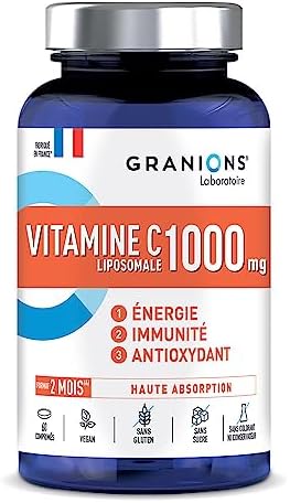 VITAMINA C LIPOSOMALE 1000 mg | Dose Elevatissima | Energia, Immunità, Antiossidante | 60 Compresse Vegane | Senza Zucchero | Senza Glutine | Fino a 2 Mesi di Utilizzo | GRANIONS | Prodotto in Francia