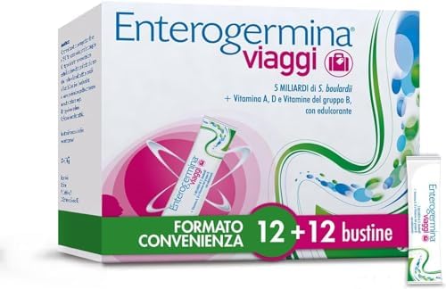 Enterogermina Viaggi, Integratore Alimentare per Regolarità Intestinale con Probiotici e Vitamina A, B12, B6, B9 e Vitamina D, con edulcorante 12+12 Bustine Gusto Fragola