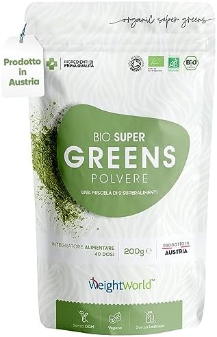 Bio Super Greens Polvere 200g - Mix Superalimenti Vegani con Maca, Baobab, Matcha, Acai, Wheatgrass Powder, Semi di Lino, Clorella, Erba d'Orzo - Integratore Multivitaminico e Minerali