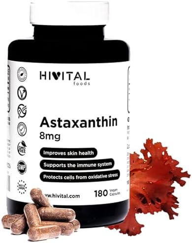 Astaxantina pura 8 mg da 160 mg di alga naturale Haematococcus Pluvialis al 5% in Astaxanthin. 180 capsule vegane per 6 mesi. Antiossidante cellulare per migliorare la pelle e il sistema immunitario.