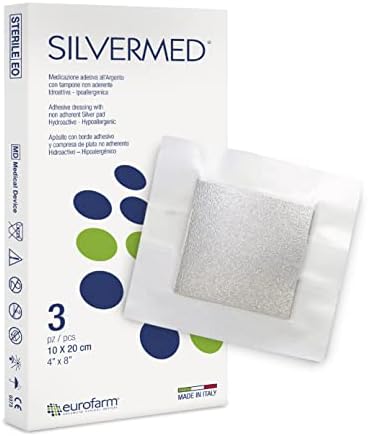 Silvermed (cm 10 x cm 20) Medicazione adesiva antibatterica all'argento con tampone non aderente, pronta all'uso, confezione 3 pezzi.