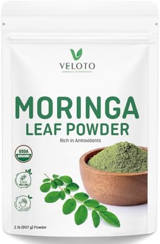 VELOTO Moringa in Polvere Biologica, Moringa Oleifera Foglia in Polvere Antiossidanti Naturali Vitamine Supercibi per Tè Moringa, Vegano, Moringa in Polvere per Capelli, Senza Glutine e Non OGM, 2 lb