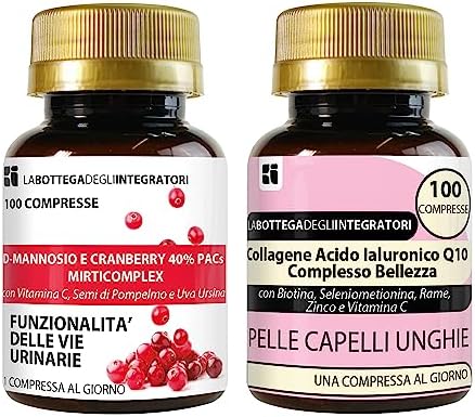 Set di Integratori Cranberry 40% PAC, D-Mannosio 100 compresse + Collagene Ialuronico 100 compresse | Antiossidante + Capelli Pelle Unghie LABOTTEGADEGLIINTEGRATORI ®