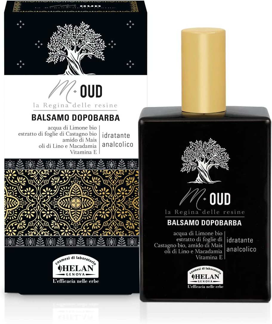 Helan, M Oud, Dopobarba Uomo Delicato e Idratante - Balsamo Barba Analcolico ad Azione Calmante contro Irritazioni, con Oli di Lino, Macadamia e Vitamina E - Idee Regalo Uomo, 75 ml - Made in Italy