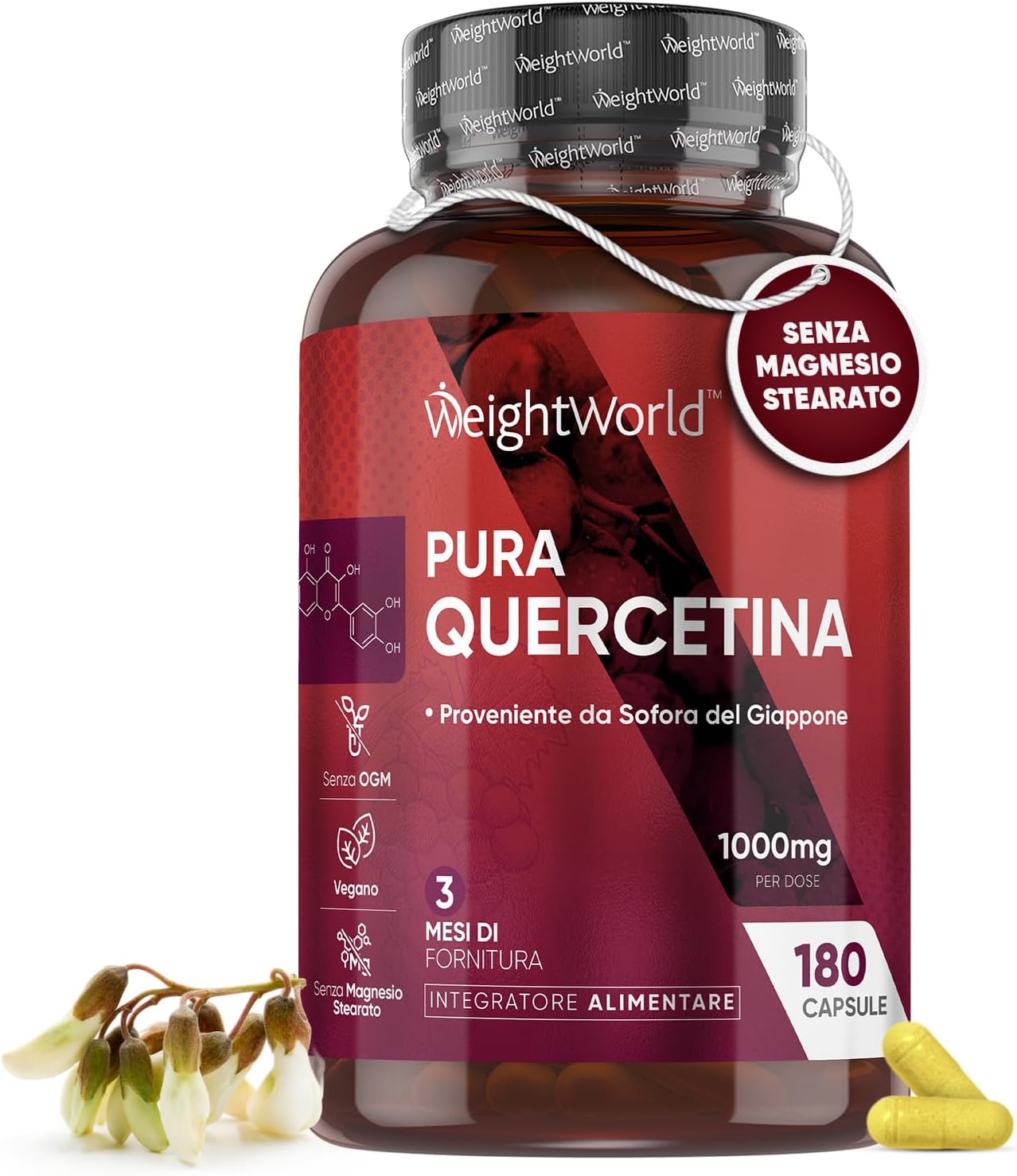 Quercetina 1000mg Pura, Integratore Flavonoidi, 180 Capsule