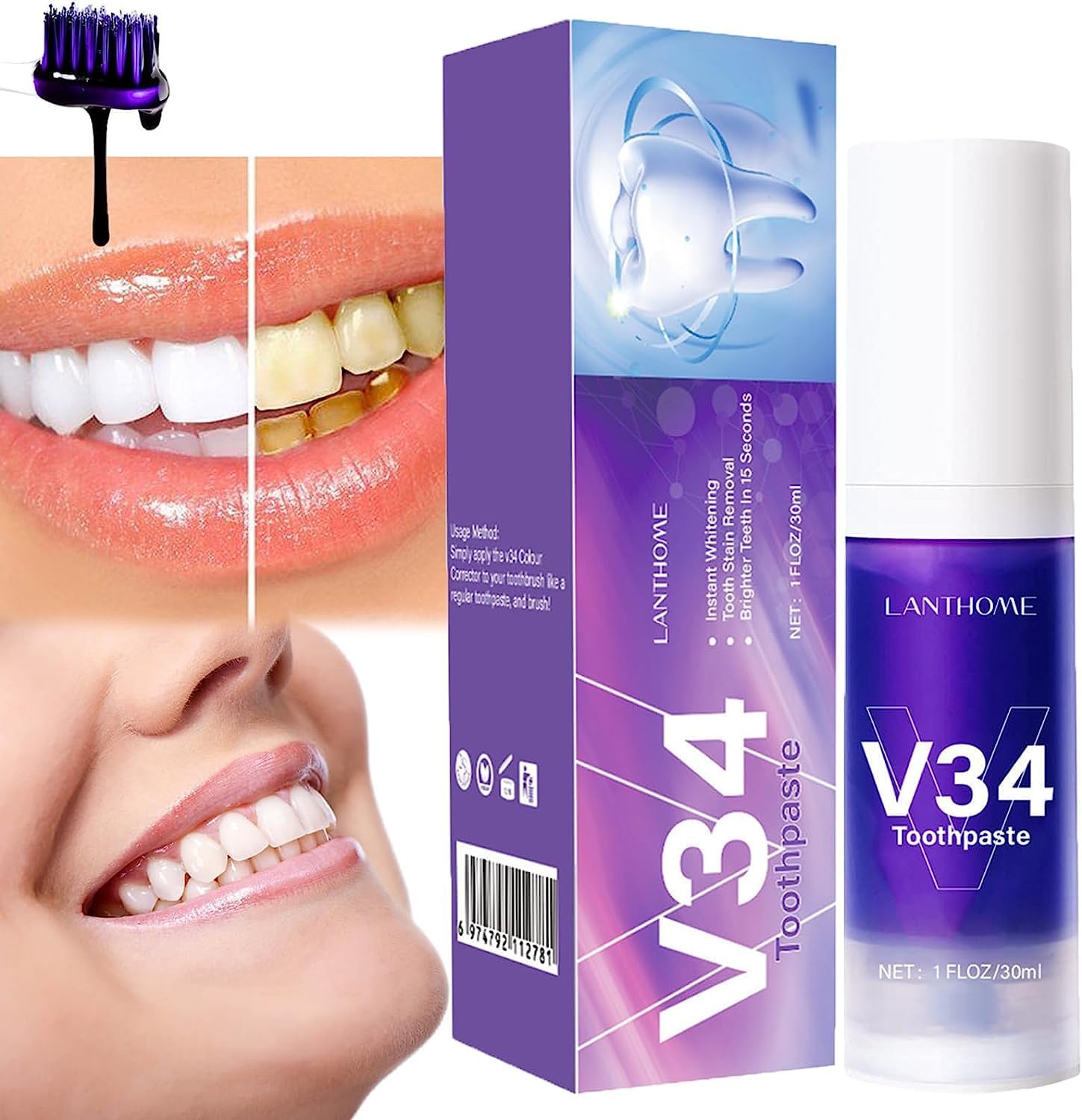 V34 Toothpaste, Purple White Teeth Toothpaste, Purple